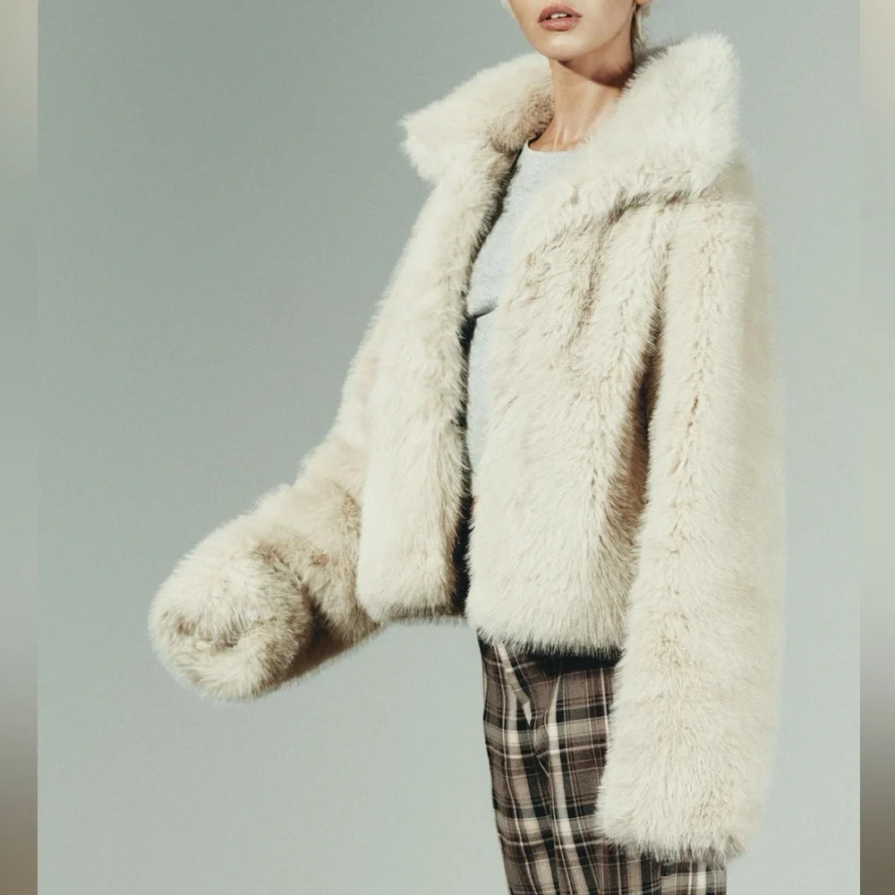NEW ZARA Cream Short Faux Fur Jacket